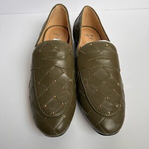 French Sole Olive green leather Quilted Milly Loafers 9.5